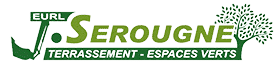 Logo EURL J. Serougne, terrassement et espaces verts, illustré d'un godet d'excavatrice et d'un arbre vert.